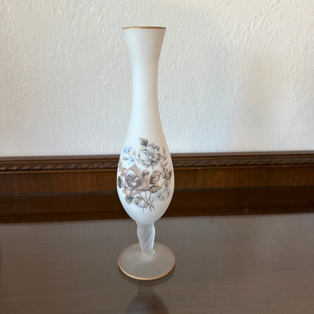 Vintage Frosted Milk Glass Bud Vase Floral Rose Gold Trim Twisted Stem 10"
